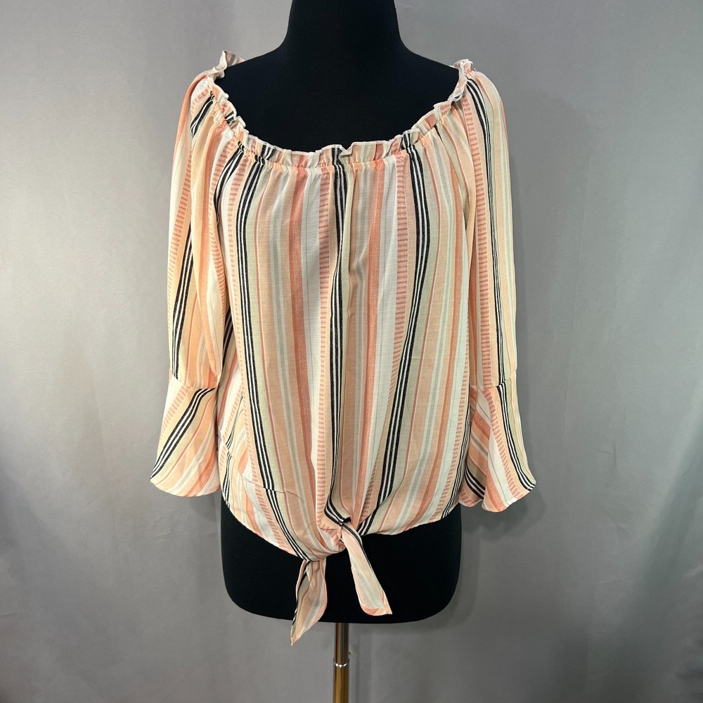 Bwear Off Shoulder Blouse Top Womens Medium Multi Striped Bell Sleeve Tie Front‎
